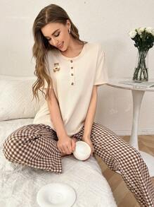 2pcs Women Bear Embroidered Crew Neck Half-Button Short Sleeve Plaid Pants Pajamas Set