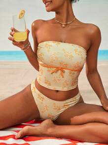 Swim Mod Women's Sweet Ditsy Floral Strapless Bikini Set, Spring/Summer - Yellow - View 4