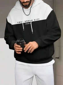 Manfinity Dauomo Sudadera con capucha y cordón de hombre con bloques de color, parches y estampado de letras