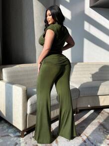 Flirla Plus Size Casual Solid Color Stand Collar Crop Top And Flared Pants 2 Pieces Set - Army Green - View 2
