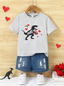 SHEIN Young Boy Heart & Dinosaur Print Round Neck Casual Short Sleeve T-Shirt - Grey - View 3
