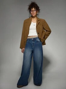 MISSGUIDED 宽松牛仔裤，格纹平角裤腰，宽腿休闲街头牛仔裤，Y2K 时尚潮流下装 - 藍色 - 查看 5