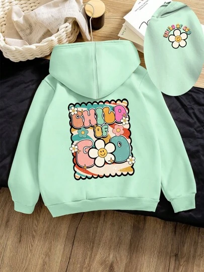 Young Girls' Casual Fashionable Cartoon Flower & Colorful Lettering Graphic Print Sweatshirt