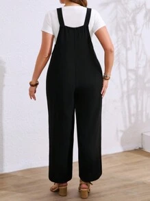 SHEIN LUNE Plus Size Women Casual Everyday Suspender Button Jumpsuit, Spring/Summer - Black - View 2