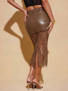 Hauture PU Leather Sheer Floral Lace Slant Pocket Elegant Skirt