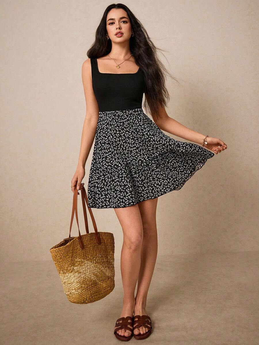 Poéselle Váy chữ A không tay họa tiết hoa cúc cho kỳ nghỉ hè dành cho nữ, áo ba lỗ đen chắp vá, váy hoa cúc mùa hè, quần áo mùa hè cho nữ - Nhiều màu - Xem 1