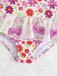 Baby Girl Floral Print Splice Bow Mesh Casual Romper One-Piece Swimsuit - Multicolor - View 3
