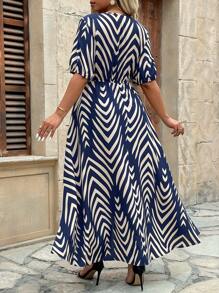 Breezaya Random Floral Print, Water Printing Fabric, Cross V-Neck, Regular Shoulder Short Sleeve, Waist-Cinched A-Line Silhouette, Flattering & Slimming, Comes With Belt, Elastic Waistband For Comfort, Convenient To Wear, Asymmetrical Hem Design