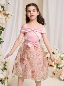 SHEIN 2 件套年轻女孩可爱简约领口盖袖衬衫和及膝裙套装 - 粉色 - 查看 3