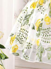 Baby Girl Light Yellow Floral & Grass Pattern Ruffle Sleeve Bow Decor Elegant & Fashionable Dress, Suitable For Outing, Family Gathering, Birthday Celebration Or Vacation - Yellow - View 5