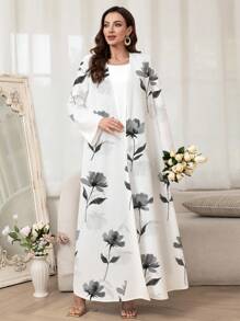 Al Najma 女士花卉印花长袖休闲阿拉伯风格长袍，端庄长袍 - 白色 - 查看 6