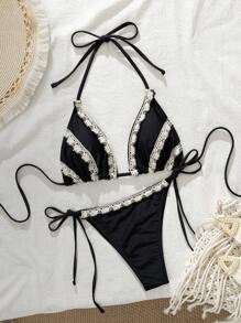 Women's Black Lace-Trimmed Halter Knit Bikini Set, Beach Resort Casual Outfits Suitable For Beach Party For Summer Beach Vacation