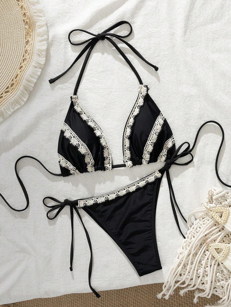 Women's Black Lace-Trimmed Halter Knit Bikini Set, Beach Resort Casual Outfits Suitable For Beach Party For Summer Beach Vacation