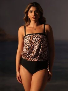Swim Lushoire Nuevo conjunto de 2 piezas de traje de baño con estampado de leopardo, tirantes finos y espalda descubierta para mujer, para playa, vacaciones, natación