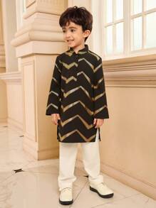 2pcs Young Boy Gold Foil Print Henley Shirt And Pants Set, Suitable For Ramadan, Gatherings And Other Occasions