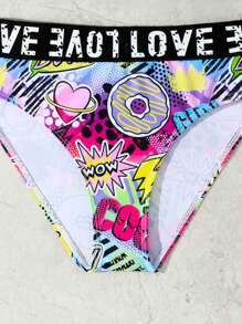 2pcs/Set Minimalist Design Criss-Cross Strap Top With LOVE Tape Colorful Printed Swimsuit, Fashionable And Distinctive, Suitable For Swimming, Vacation, Summer Wear, Essential Swimwear - Multicolor - View 4