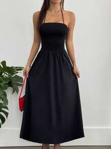 Flirla 女士纯色挂脖式休闲度假连衣裙 - 黑色 - 查看 5