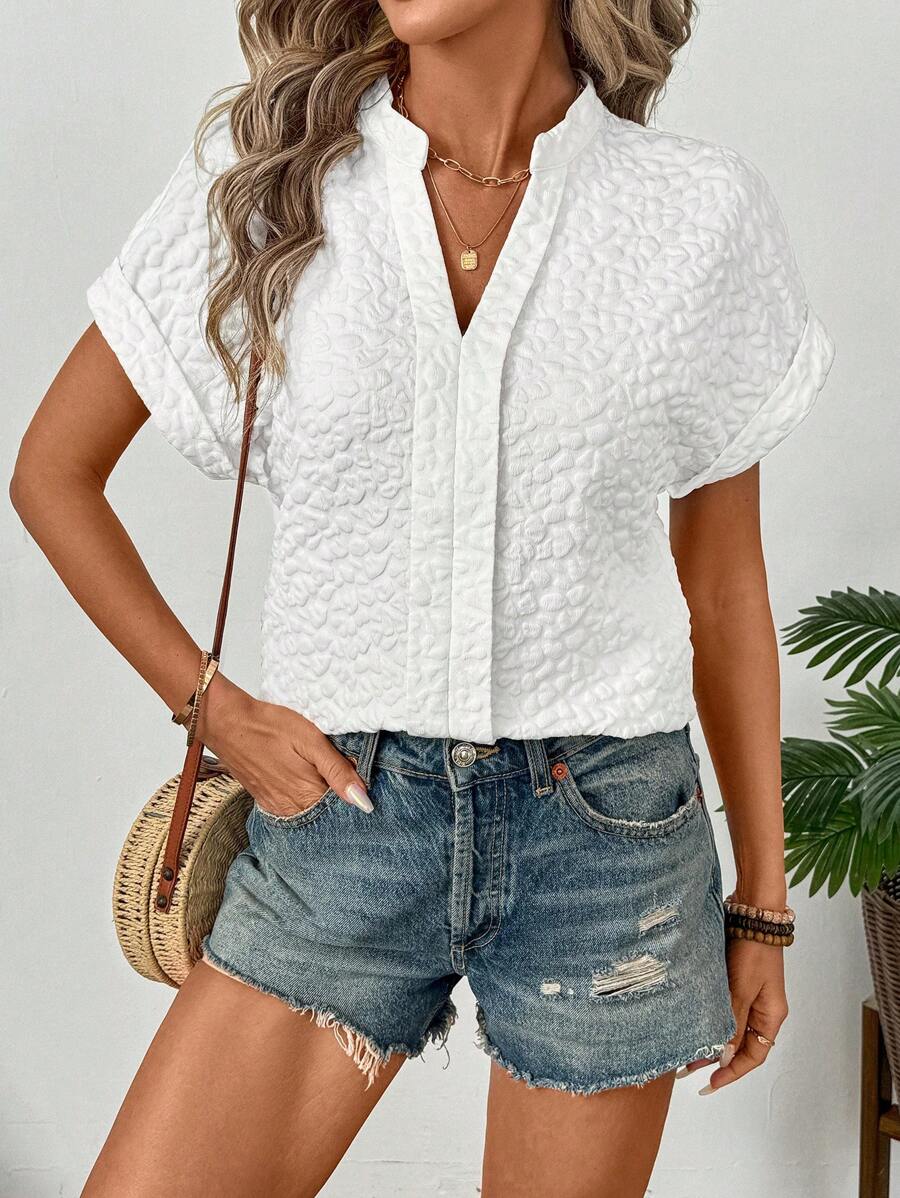 EMERY ROSE Textured Solid Color Short Sleeve Shirt, Casual And Fashionable For Everyday Wear - White - View 1