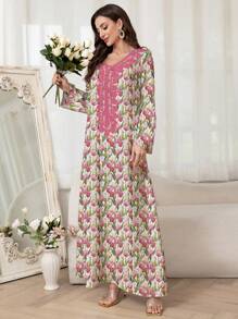 SHEIN Najma Váy Maxi họa tiết hoa thanh lịch theo phong cách Ả Rập dành cho nữ, Váy Ả Rập, Khiêm tốn - Hồng - Xem 6