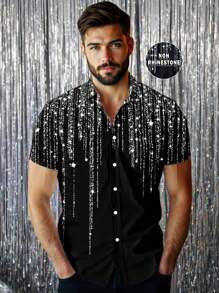 Manfinity AFTRDRK Camisa casual de manga corta de solapa única con estampado de lentejuelas para hombres
