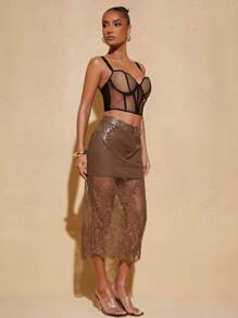 Hauture PU Leather Sheer Floral Lace Slant Pocket Elegant Skirt