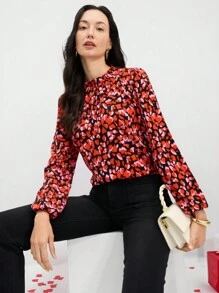 EMERY ROSE 情人节女士抽象心形印花荷叶边灯笼袖衬衫 - 彩色 - 查看 3
