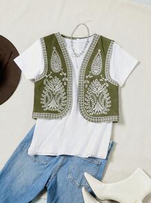 Aveloria Modichic Chaqueta sin mangas elegante con bordado en contraste para mujer, estilo occidental retro
