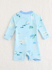 SHEIN Newborn/Infant Baby Boy Zip-Up Sun Protective Swimsuit, Beach/Resort Outfit For Summer