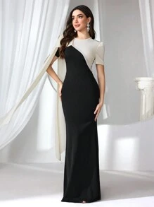 Coutiva 女士优雅针织双色拼布泡泡绒球腰部修身正式礼服、婚礼宾客礼服、音乐节春夏、派对礼服、晚礼服、长袍 - 黑色 - 查看 3