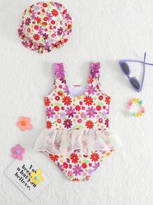 Baby Girl Floral Print Splice Bow Mesh Casual Romper One-Piece Swimsuit - Multicolor - View 2