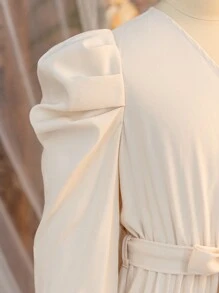 SHEIN Tween Girls Casual Puff Sleeve Long Sleeve Ruffle V-Neck Pleated Maxi Dress - Apricot - View 6