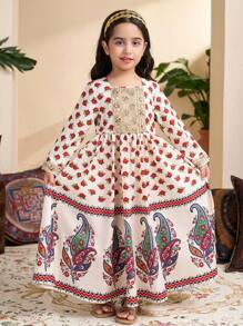 Young Girl Paisley Print Square Neck Long Sleeve Dress - Multicolor - View 5