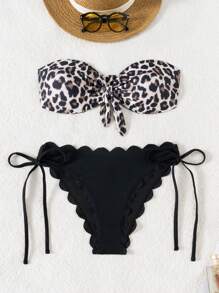 SHEIN Swim Summer Women's Leopard Spot Print Halter Top With Bow Front, Plain Color Cut Out Side Tie Bottoms, Cute & Sexy Bikini Swimwear