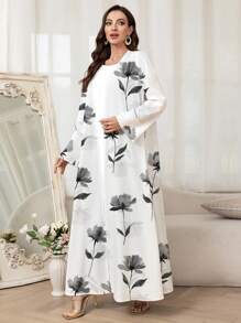 Al Najma 女士花卉印花长袖休闲阿拉伯风格长袍，端庄长袍 - 白色 - 查看 4