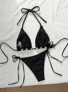 Women's Black Lace-Trimmed Halter Knit Bikini Set, Beach Resort Casual Outfits Suitable For Beach Party For Summer Beach Vacation