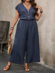 EMERY ROSE Plus Size Solid Color Front Button Pocket Waisted Jumpsuit, Casual Daily Wear - Navy Blue - View 5