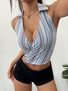 Flirla Sexy Striped Halter Top For Women, Plunging Neckline, Sleeveless Summer Top - Multicolor - View 1