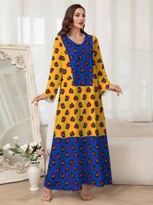 Al Najma 女式花卉印花长袖休闲阿拉伯风格连衣裙，端庄 - 彩色 - 查看 3