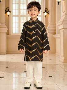 2pcs Young Boy Gold Foil Print Henley Shirt And Pants Set, Suitable For Ramadan, Gatherings And Other Occasions