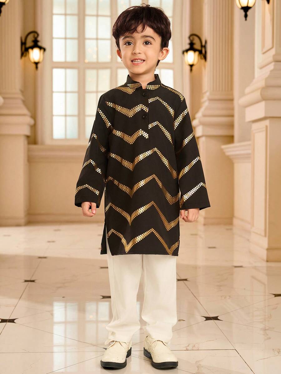 2pcs Young Boy Gold Foil Print Henley Shirt And Pants Set, Suitable For Ramadan, Gatherings And Other Occasions