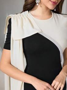 Coutiva 女士优雅针织双色拼布泡泡绒球腰部修身正式礼服、婚礼宾客礼服、音乐节春夏、派对礼服、晚礼服、长袍 - 黑色 - 查看 5
