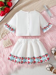 Set de 2 piezas de ropa para niñas bebé, con blusa de manga con volantes y estampado de rosas para el Ramadán, y falda casual con estampado de rosas - Blanco - Ver 2
