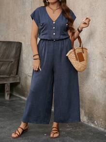 EMERY ROSE Plus Size Solid Color Front Button Pocket Waisted Jumpsuit, Casual Daily Wear - Navy Blue - View 1