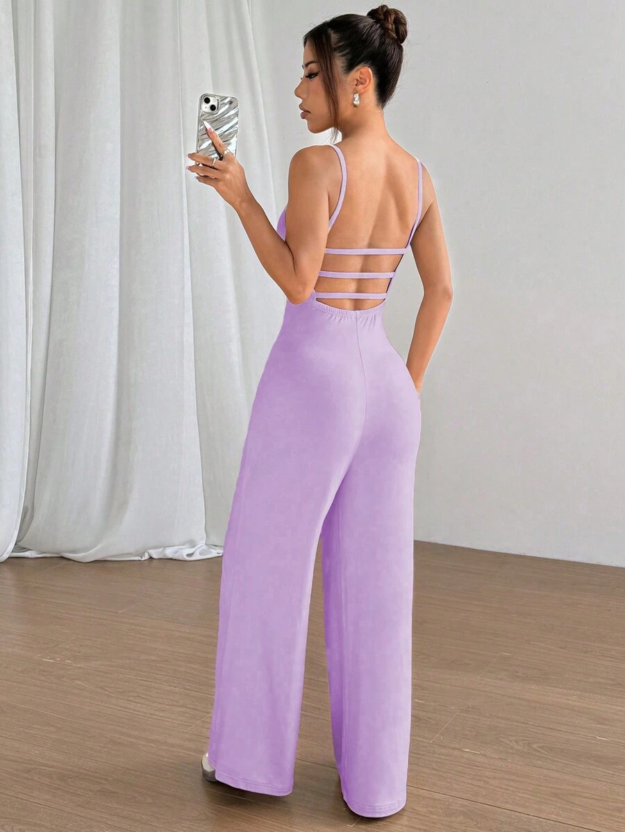 SHEIN Unity Bộ đồ liền thân hở lưng màu trơn ống rộng cho nữ, dáng rộng - Màu tím - Xem 1