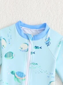 SHEIN Newborn/Infant Baby Boy Zip-Up Sun Protective Swimsuit, Beach/Resort Outfit For Summer