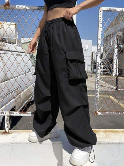 Coolane Black Flap Pocket Side Drawstring Waist Parachute Cargo Pants