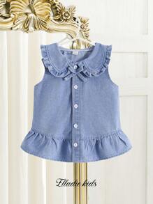 Young Girls ' Ruched Denim Spaghetti Strap Casual Blouse, Fashion For Spring/Summer - Blue - View 3