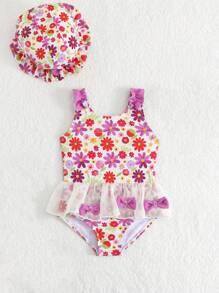 Baby Girl Floral Print Splice Bow Mesh Casual Romper One-Piece Swimsuit - Multicolor - View 5