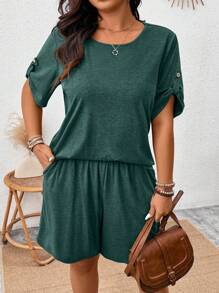 EMERY ROSE 大码女式夏季休闲宽松橄榄绿色家居短袖 T 恤和短裤两件套，适合约会、派对、上班通勤、日常穿着、圣帕特里克节 - 墨綠色 - 查看 5