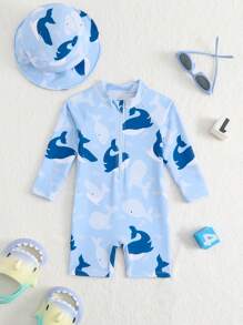 SHEIN Baby Boy Whale Print Long Sleeve Swimsuit With Sunscreen Wide Brim Swim Cap